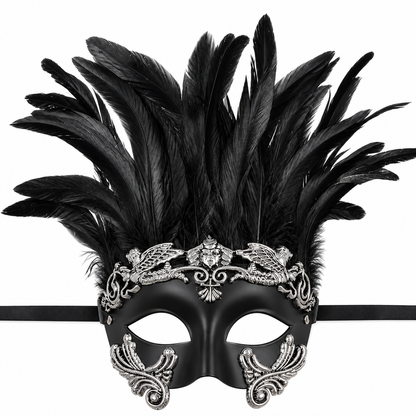 1pc Halloween Black and Silver Feather Half Face Masquerade Mask, Venetian Style
