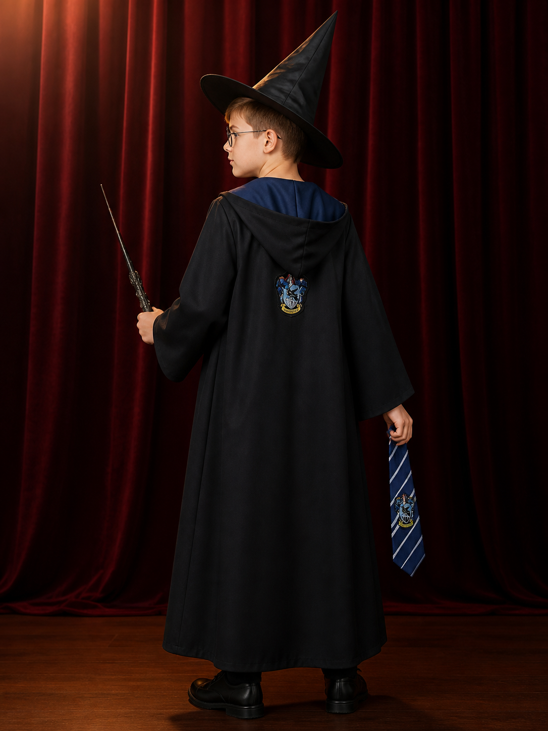 Wizard Costume Set With Hooded Robe, Pointed Hat, Wand, Tie And Glasses back view