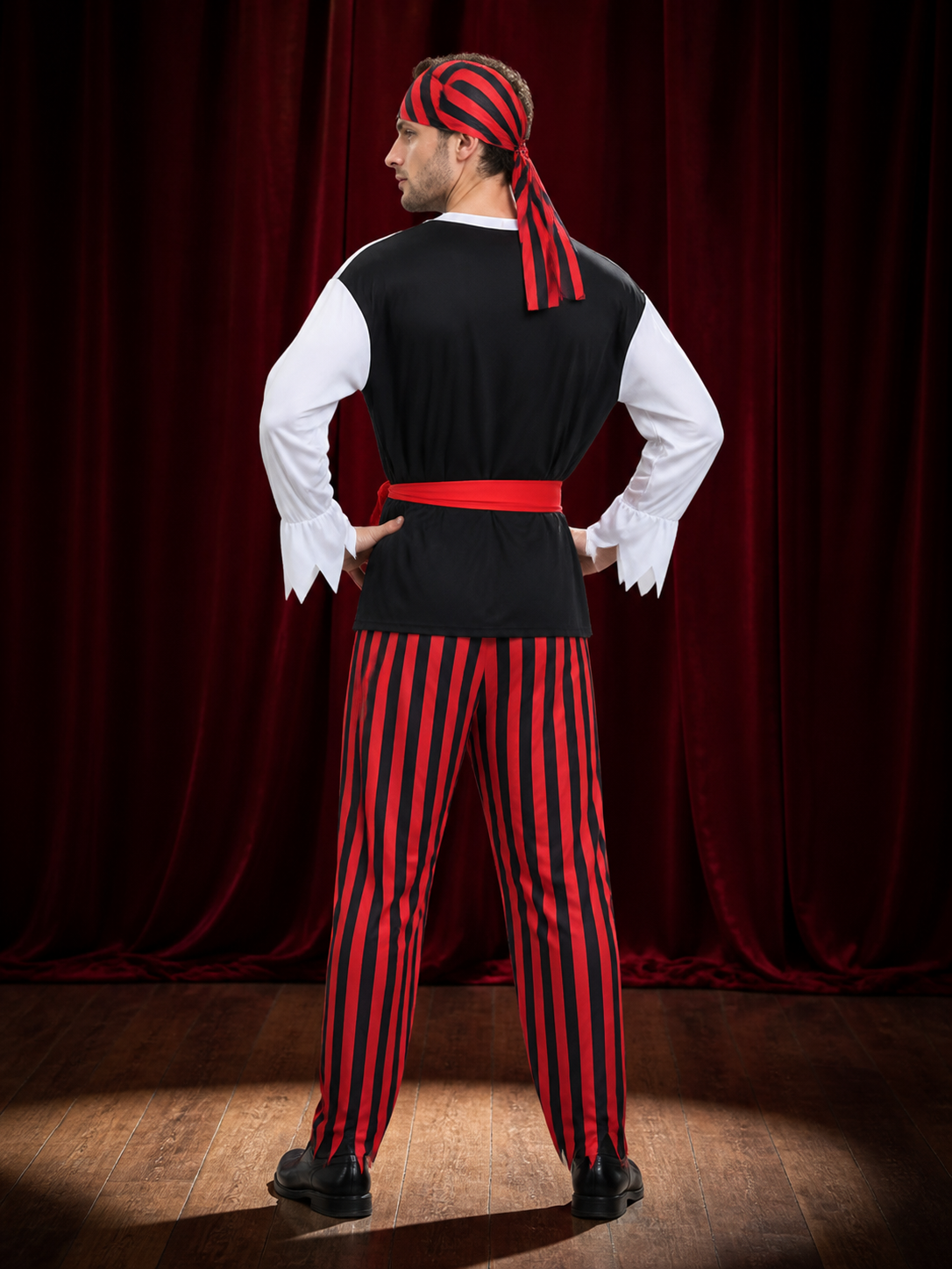 Adult Pirate Captain Halloween Costume Set with Striped Top, Pants, Headscarf back view