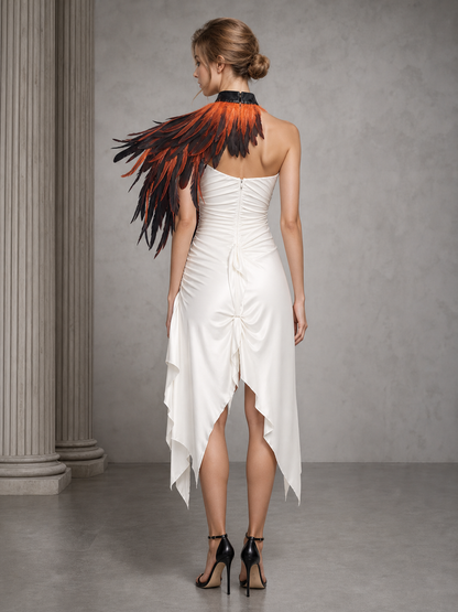 Halloween Feather Cape Costume One-Shoulder Asymmetric Shawl, Orange-Black Long Feathers, Black High Neck Collar for Cosplay Theme Party Stage
