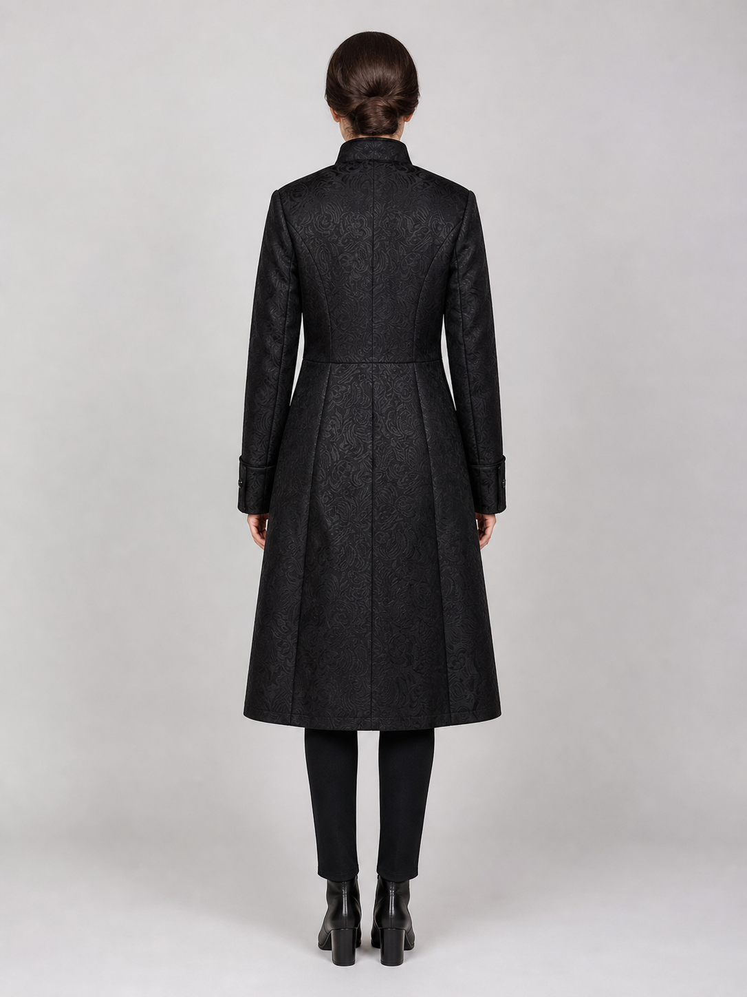 Long Black Jacquard Coat with Stand Collar