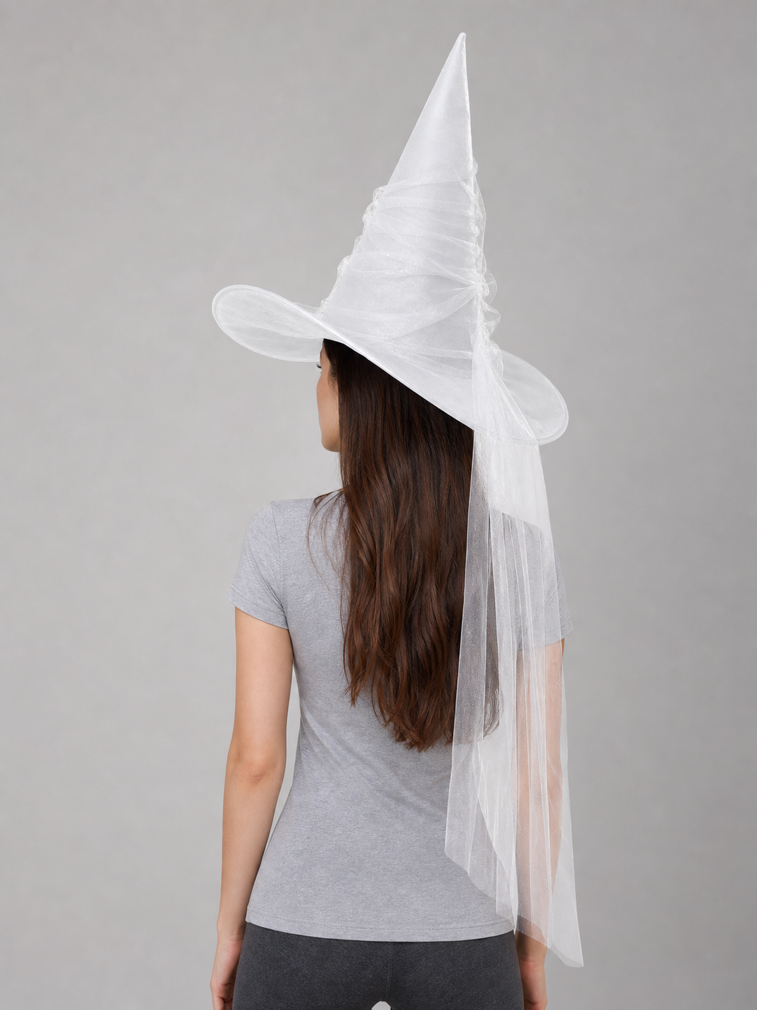 White Halloween Witch Hat With Attached Sheer Veil, Tall Curved Pointed Crown And Wide Floppy Brim For Cosplay Costume Party