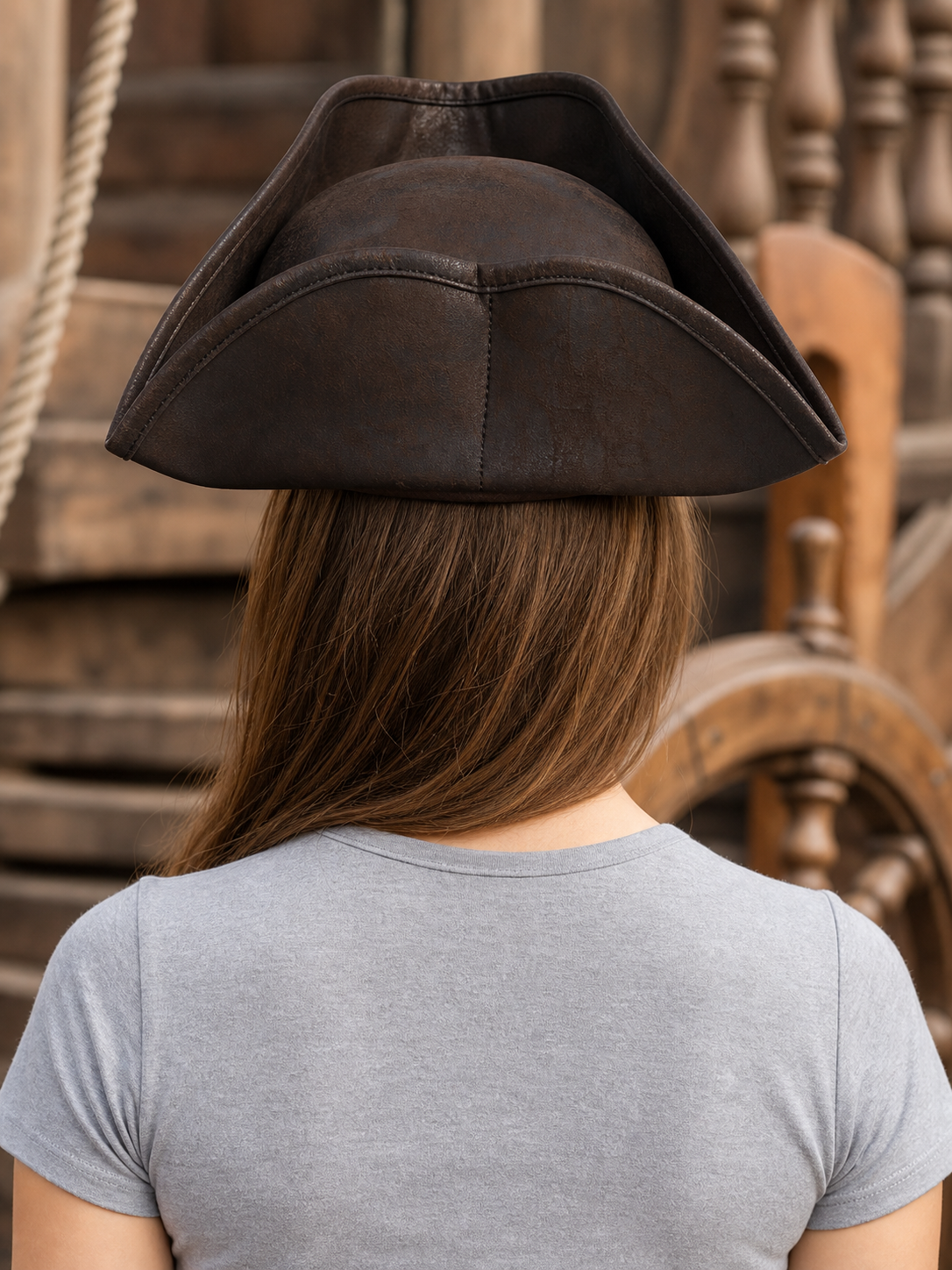 Women's Pirate Hat for Costume Parties, Cosplay and Themed Events, Tall Curved Crown, Wide Asymmetrical Brim, Dark Brown to Black Textured Design