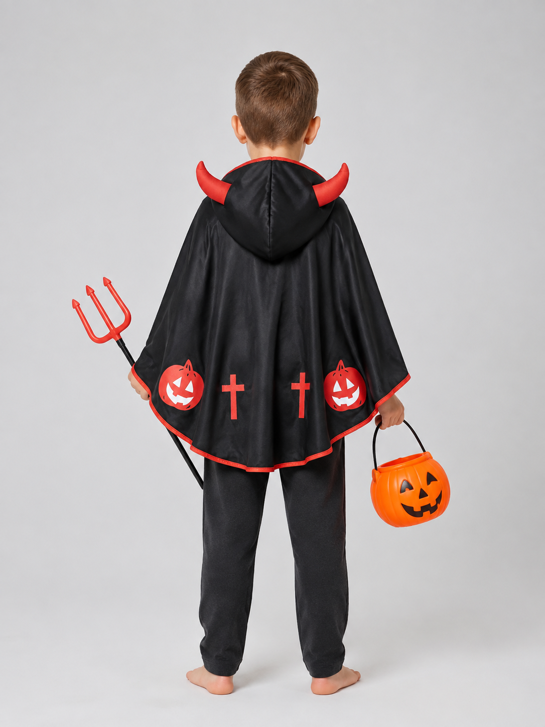 Carnival Cape with Hood, Horns, Pitchfork, and Bucket back view