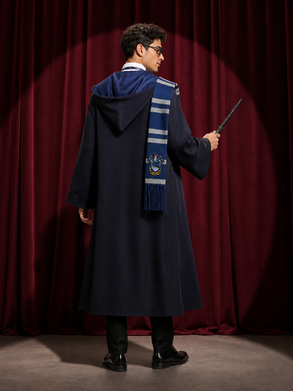Wizard Robe Costume Set with House Crest, Stripe Tie, Scarf, Glasses & Magic back view