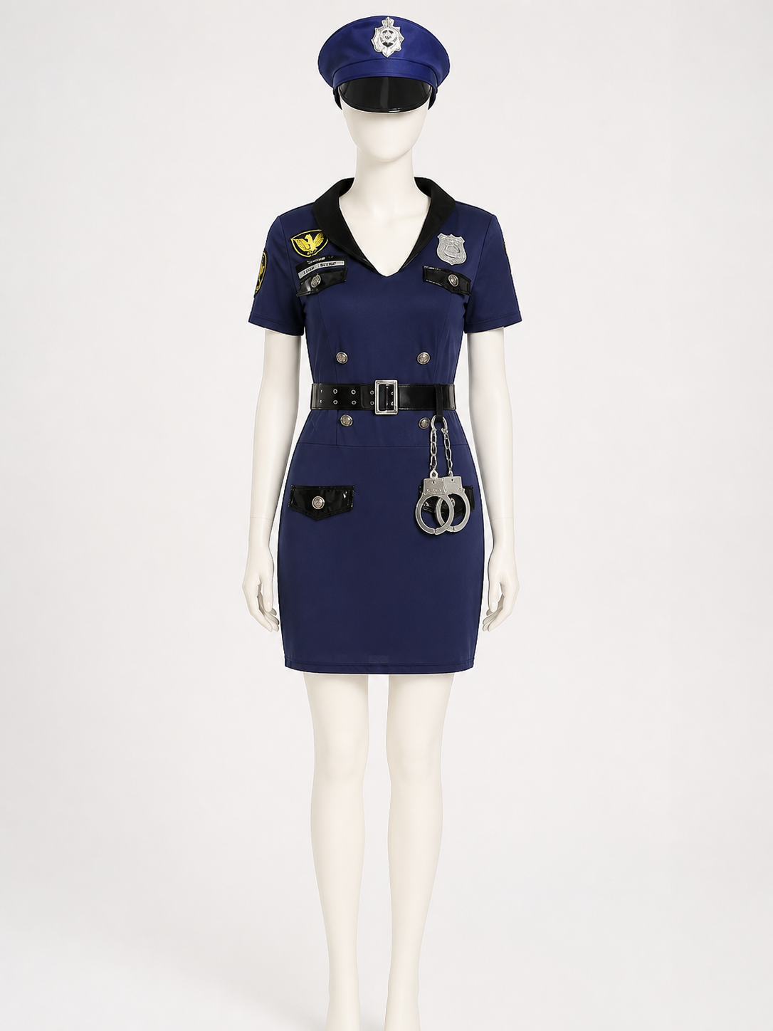 Women's Police Costume Set, Navy Collared Dress with Hat, Belt and Handcuffs back view