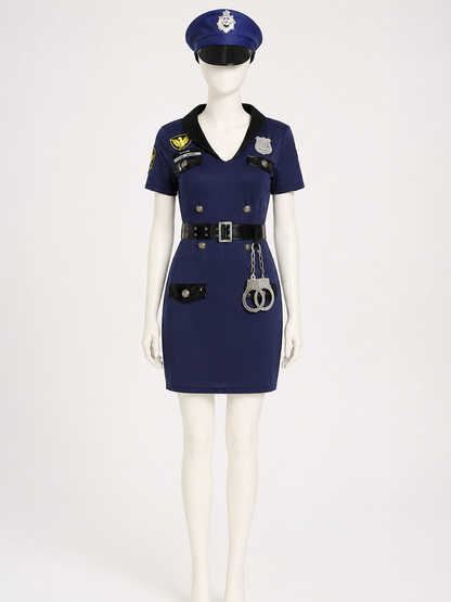 Women's Police Costume Set, Navy Collared Dress with Hat, Belt and Handcuffs back view
