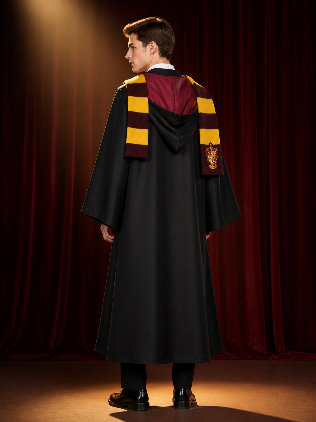 Kids Wizard Robe Costume Set, Hooded Black Cloak With Red And Yellow Striped Tie back view