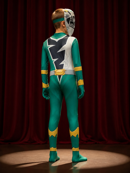 Unisex Green Ranger Bodysuit Costume with Mask, Lightning Print Halloween Outfit back view