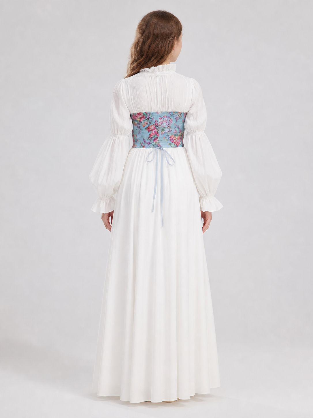 White Long Dress with Floral Print and Lace-Up Detail