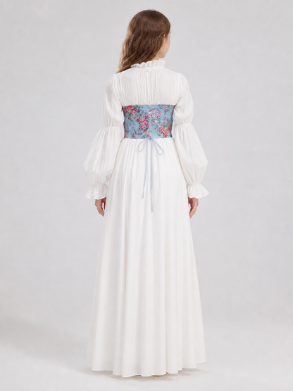 White Long Dress with Floral Print and Lace-Up Detail