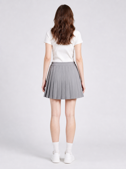 Gray Pleated Short Skirt with Elastic Waistband