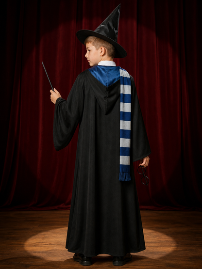 Wizard Costume Set With Robe, Hat, Tie, Scarf, Wand And Round Glasses back view