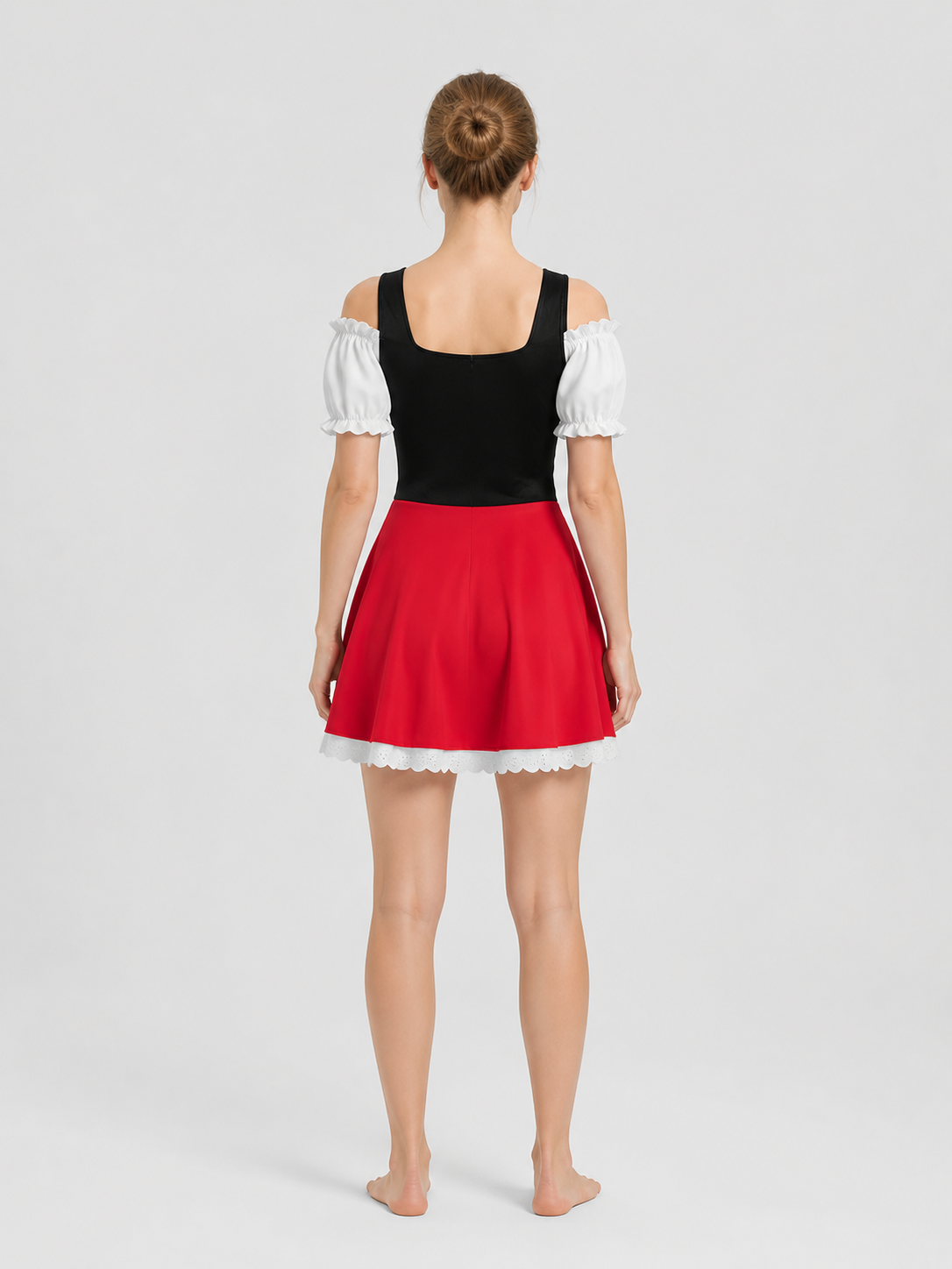 Red, White, and Black Bavarian-Style Lace Dress back view