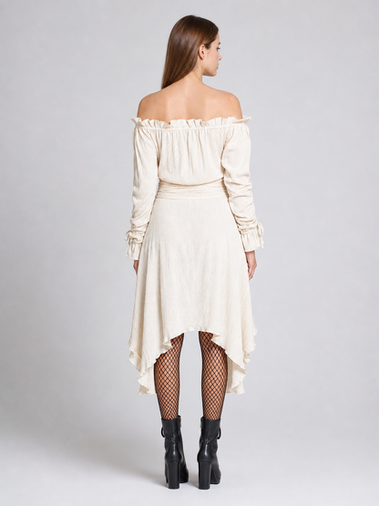 Long Off-the-Shoulder Dress with an Asymmetrical Hem