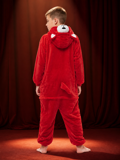 Red and White Hooded Animal Character Jumpsuit Costume back view