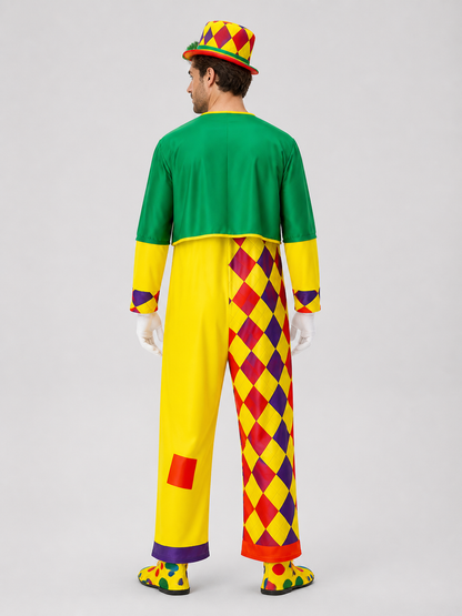 Clown Stage Costume: Jumpsuit, Jacket, and Hat back view