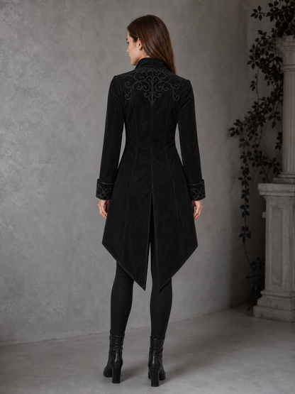 Black embroidered coat with a stand-up collar and pointed tails