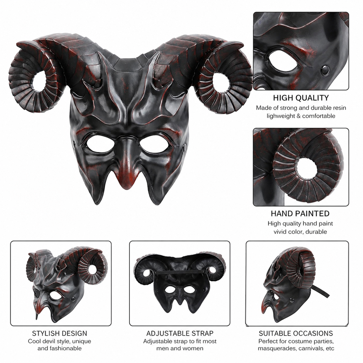 1pc Halloween Horned Demon Mask, Full Face with Curled Horns for Cosplay Parties