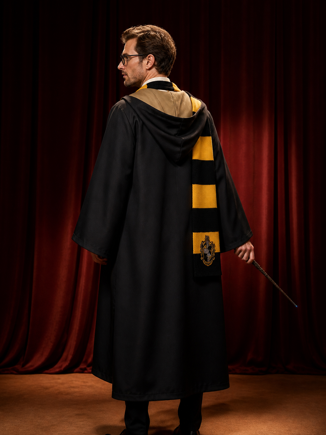 Hufflepuff Wizard Robe Costume Set with Scarf, Tie, Glasses and Wand back view