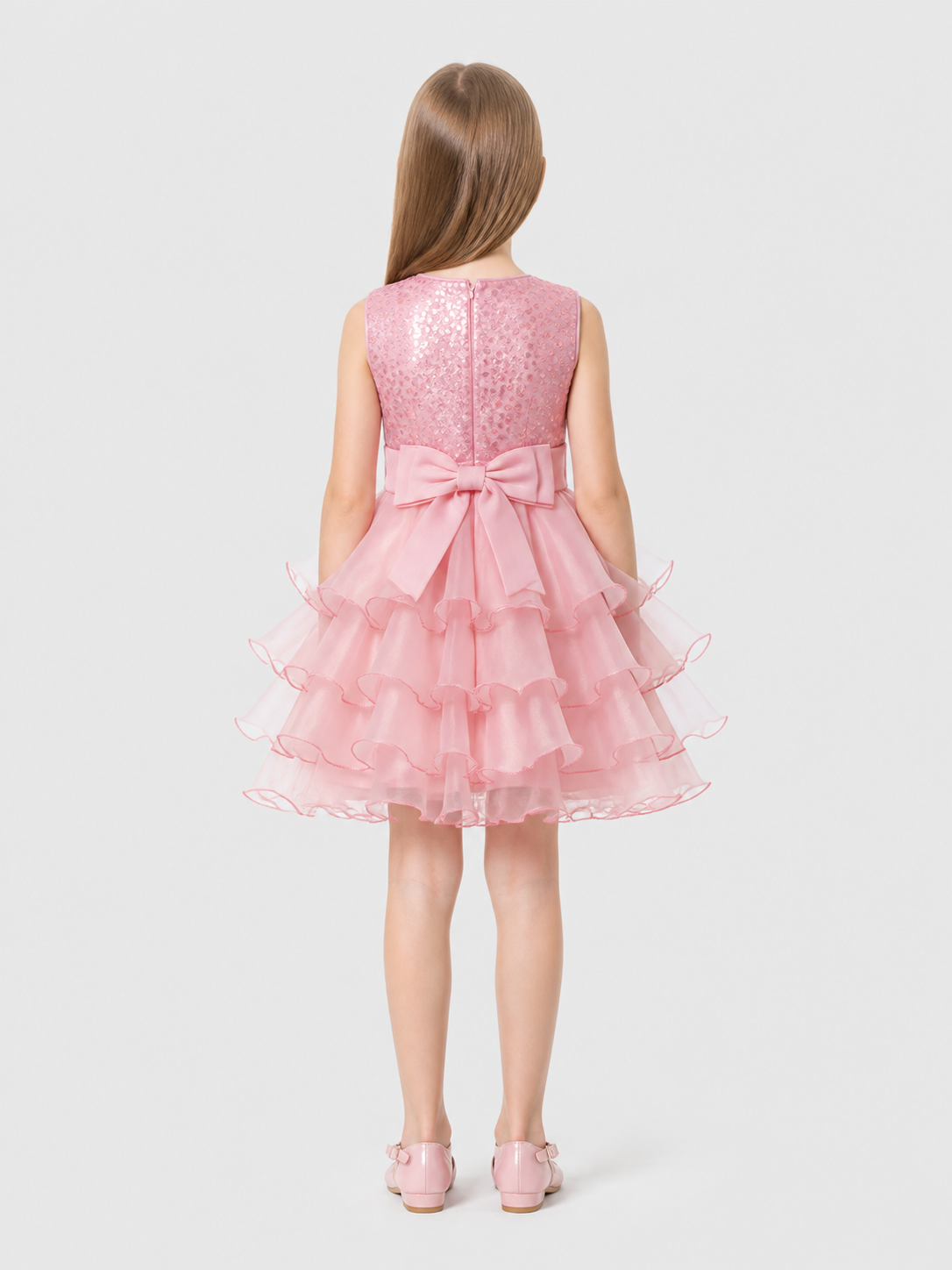 Full Sequin Dress with Bow and Layered Mesh back view