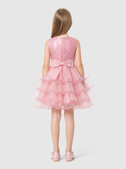 Full Sequin Dress with Bow and Layered Mesh back view