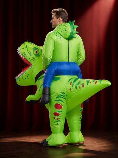 Kids Inflatable Dinosaur Costume, Green with Spots and Stripes, Halloween Party back view