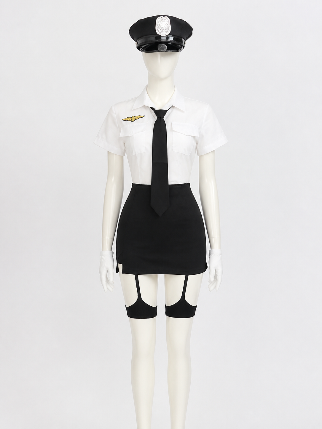 Women's Police Officer Costume Set, White Short Sleeve Uniform with Black Skirt back view
