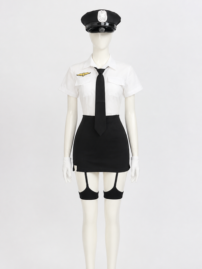 Women's Police Officer Costume Set, White Short Sleeve Uniform with Black Skirt back view
