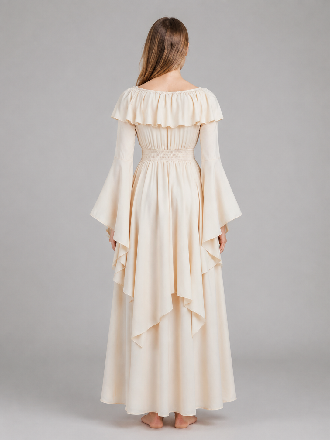 Long Cream A-Line Dress with Tiered Ruffles back view