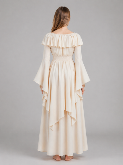 Long Cream A-Line Dress with Tiered Ruffles back view
