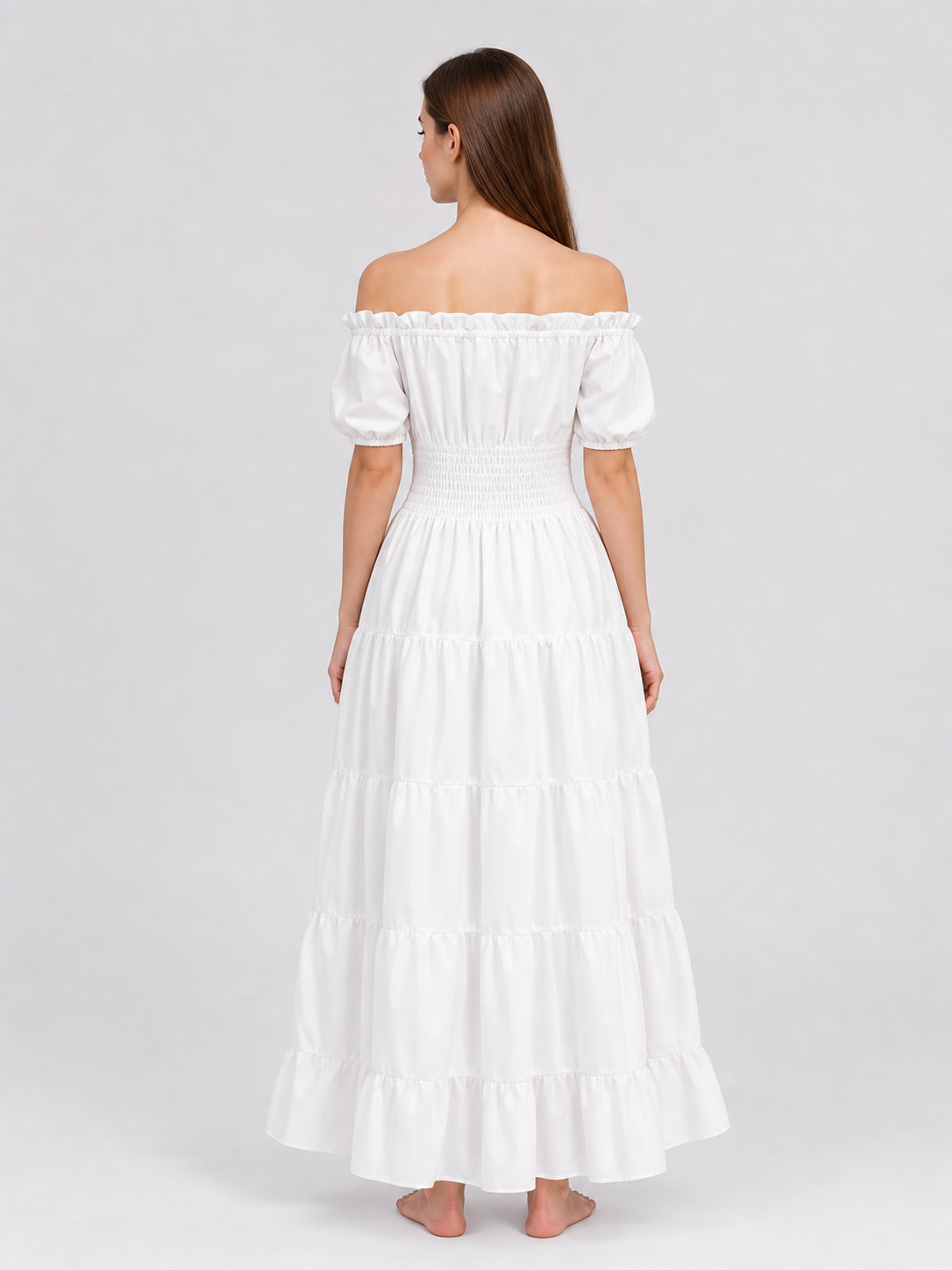 White Off-Shoulder Maxi Dress with Tiered Skirt