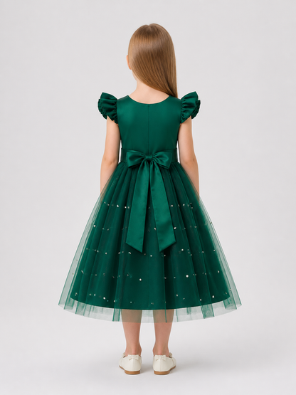 Dark Green Princess Dress with Tulle and Polka Dots back view