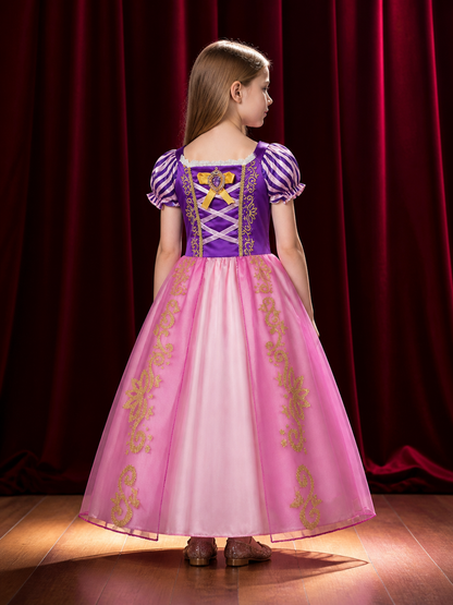 Girls Princess Dress Costume, Purple Pink Puff Sleeve with Heart Bow, Halloween back view