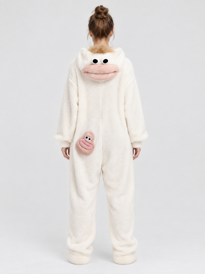 White Insulated Pajama Jumpsuit with Cartoon Design