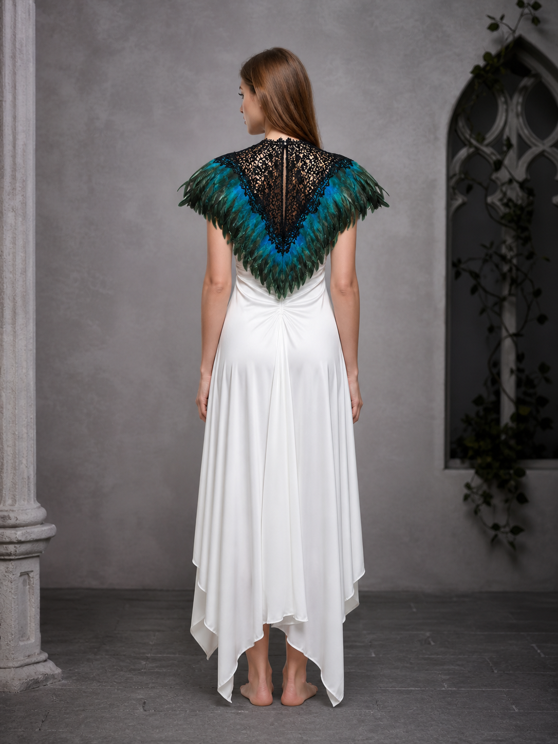 Feather Trim Cape with Triangle Lace Chest Panel, Teal and Black Feather Capelet, Sheer Lace Front, Stage Performance Cosplay Cape for Halloween Party
