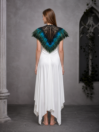 Feather Trim Cape with Triangle Lace Chest Panel, Teal and Black Feather Capelet, Sheer Lace Front, Stage Performance Cosplay Cape for Halloween Party