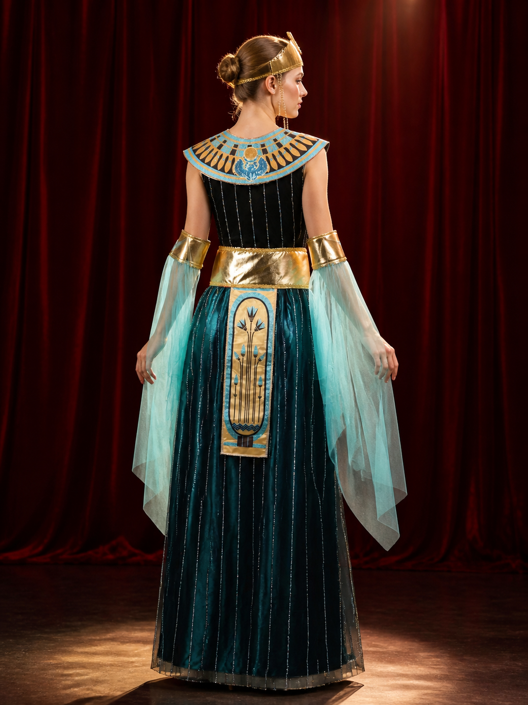 Women's Egyptian Cleopatra Halloween Costume Set, Sequin Dress with Fan Collar back view