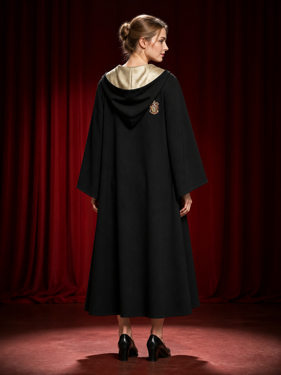 Women's Academy-Themed Hooded Wizard Robe Costume, Black and Gold back view