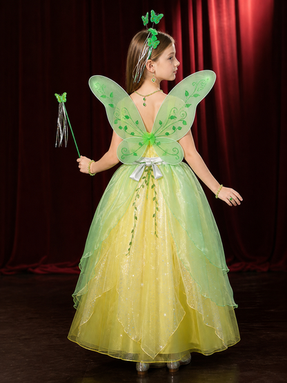 Girls Tiana Princess Costume Dress Set with Butterfly Wings and Sparkly Details back view
