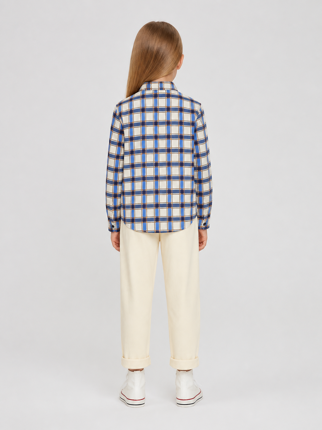 Long-Sleeve Plaid Shirt with Turn-Down Collar back view