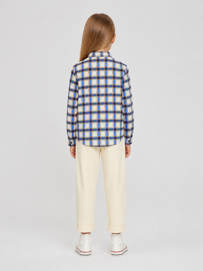 Long-Sleeve Plaid Shirt with Turn-Down Collar back view