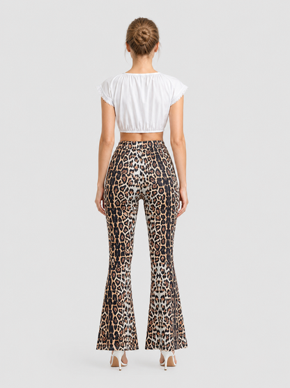 High-Waisted Flare Pants with Leopard Print back view