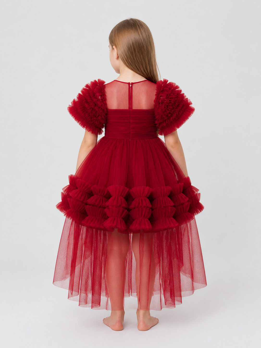 Red Princess Dress for Girls with a Long Train back view