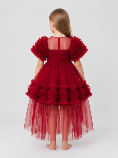 Red Princess Dress for Girls with a Long Train back view