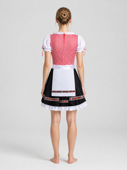 Ethnic-style dress with apron, full skirt, and ruffles back view