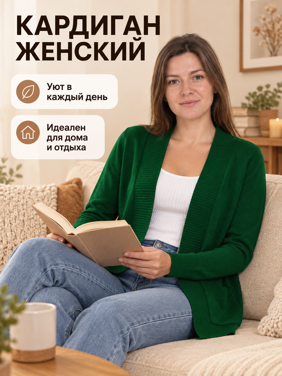 Green open knit cardigan with pockets