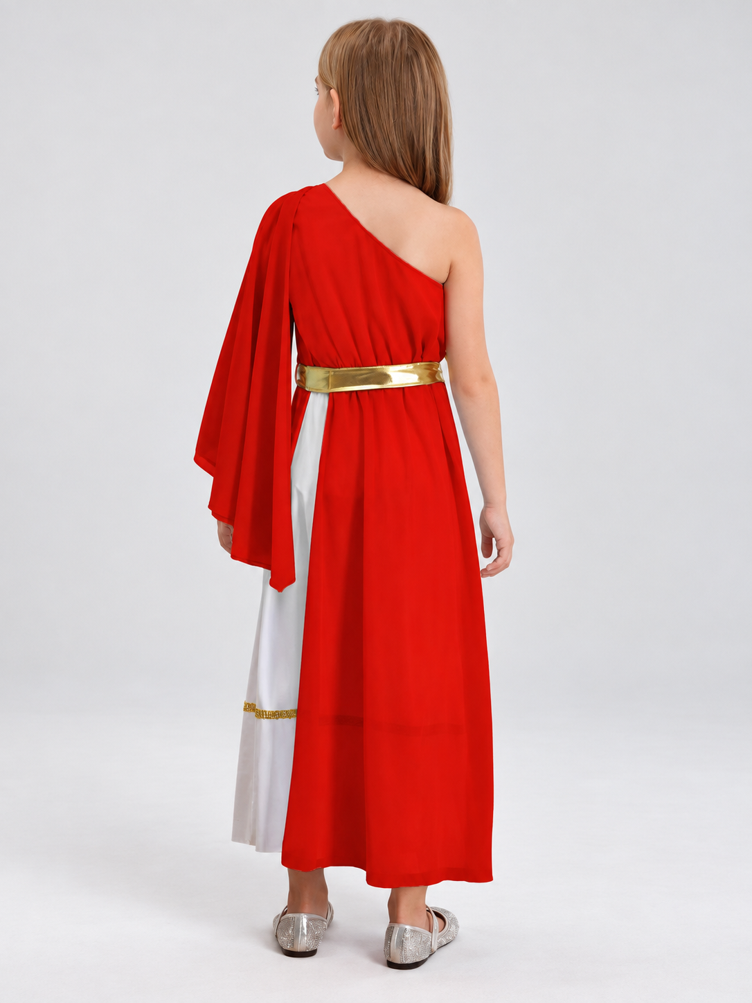 Asymmetrical dress with white inset and gold belt