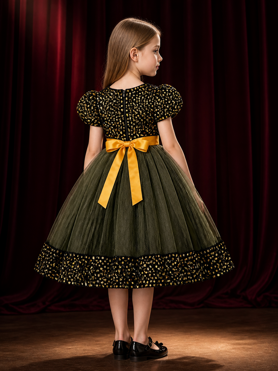 Baby Girls' Sequined Princess Dress with 3D Flowers and Tulle Skirt back view