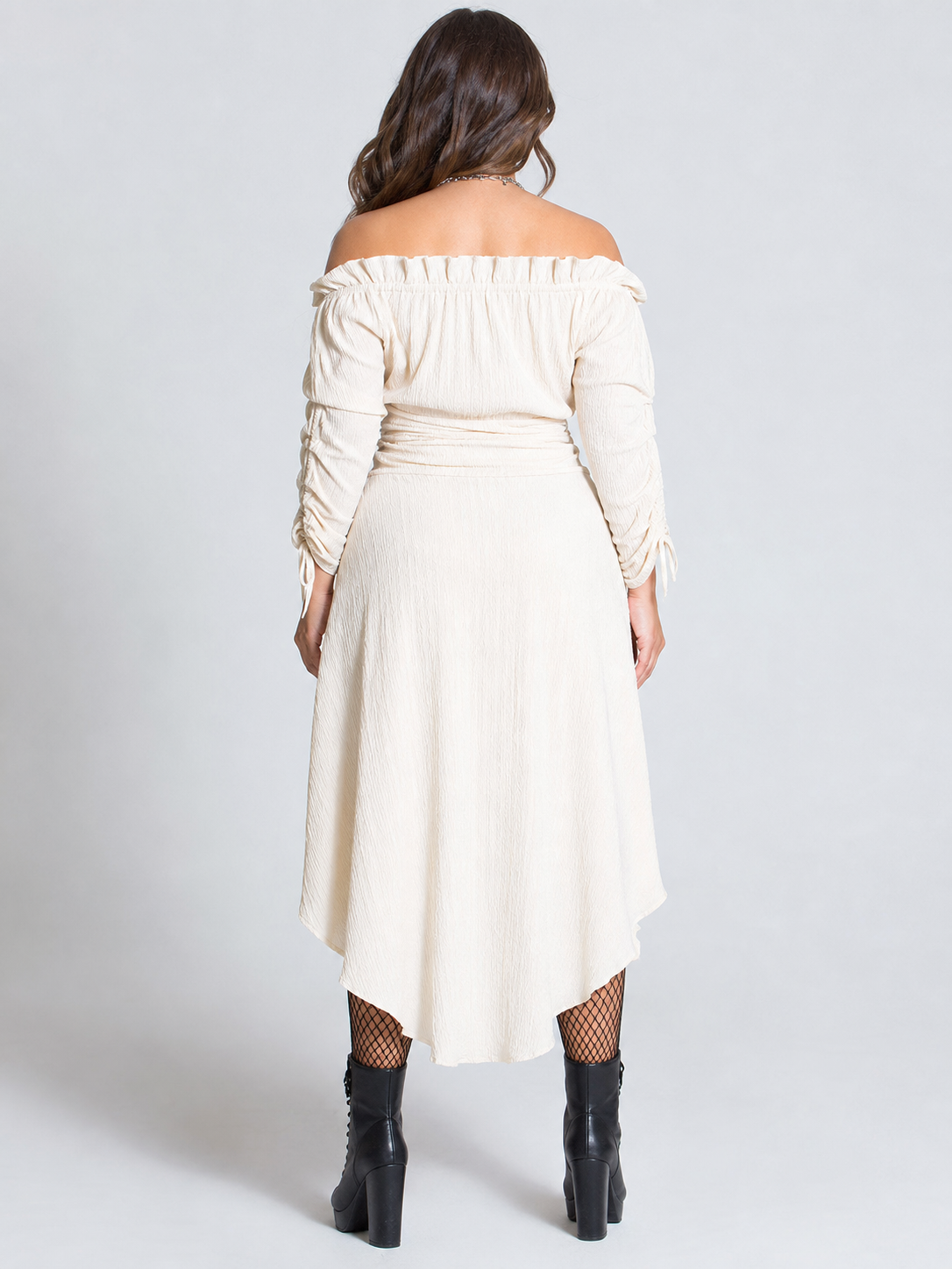 Long Off-the-Shoulder Dress with an Asymmetrical Hem